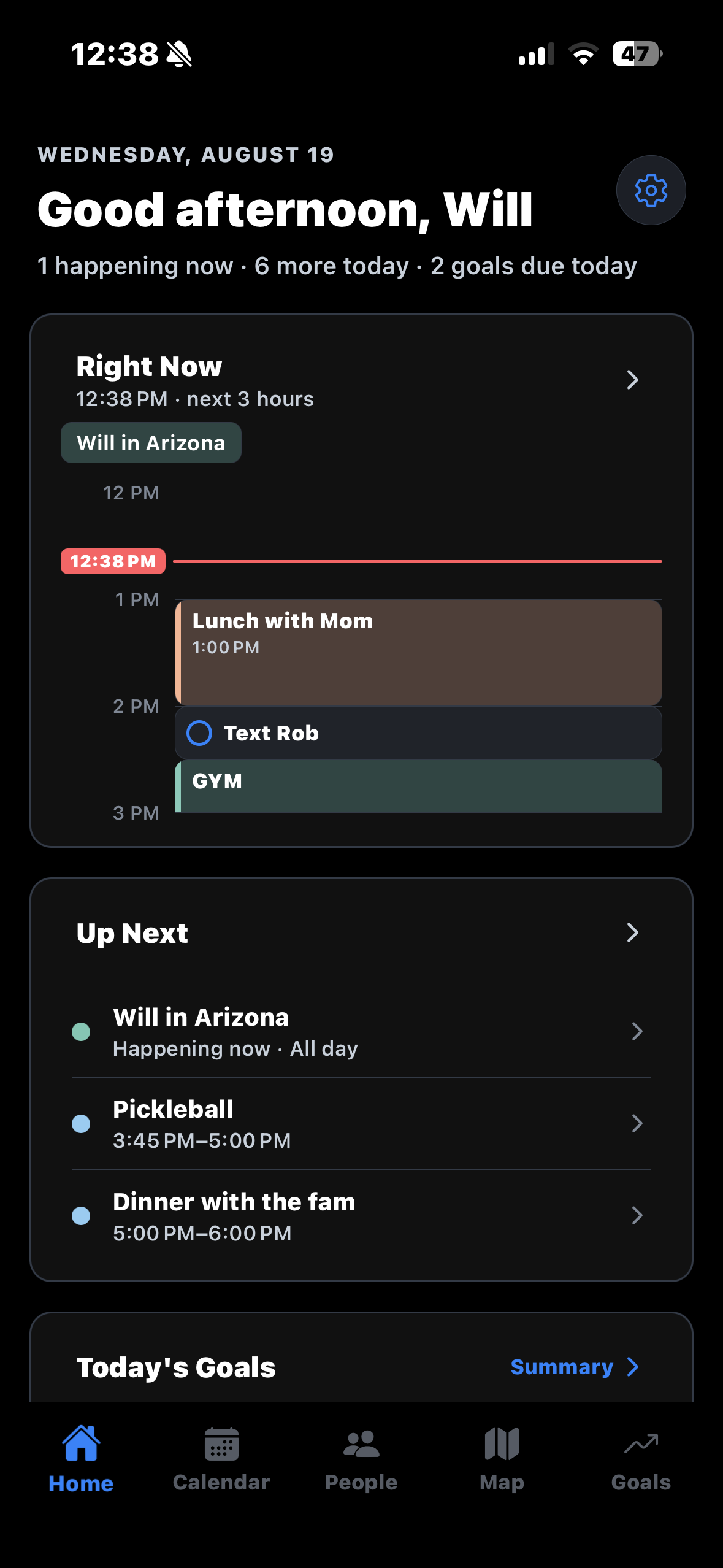 Post-Mission Planner home dashboard with current events, upcoming events, and goals