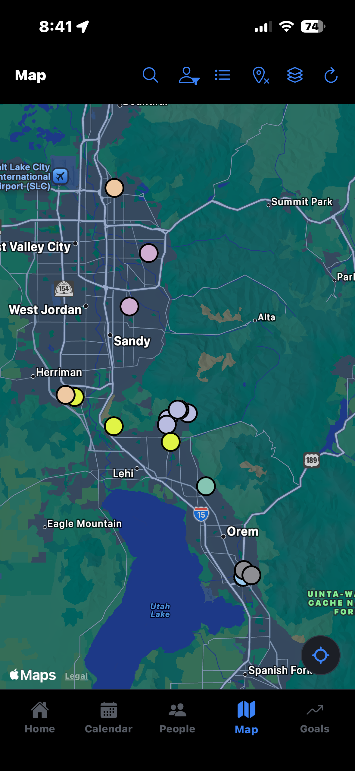 Map with pins for people and saved places in Post-Mission Planner